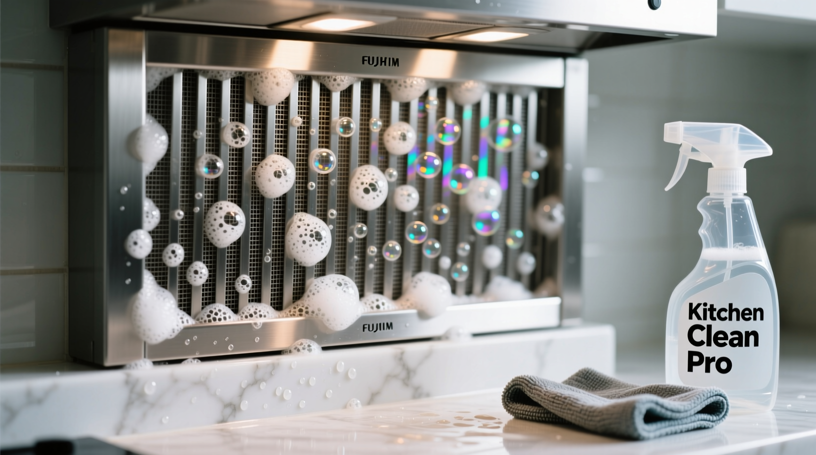 Close-up photo showing a stainless steel range hood filter mid-treatment: visible foam bubbles clinging evenly to vertical mesh surface, with a microfiber cloth and spray bottle placed nearby on a clean countertop