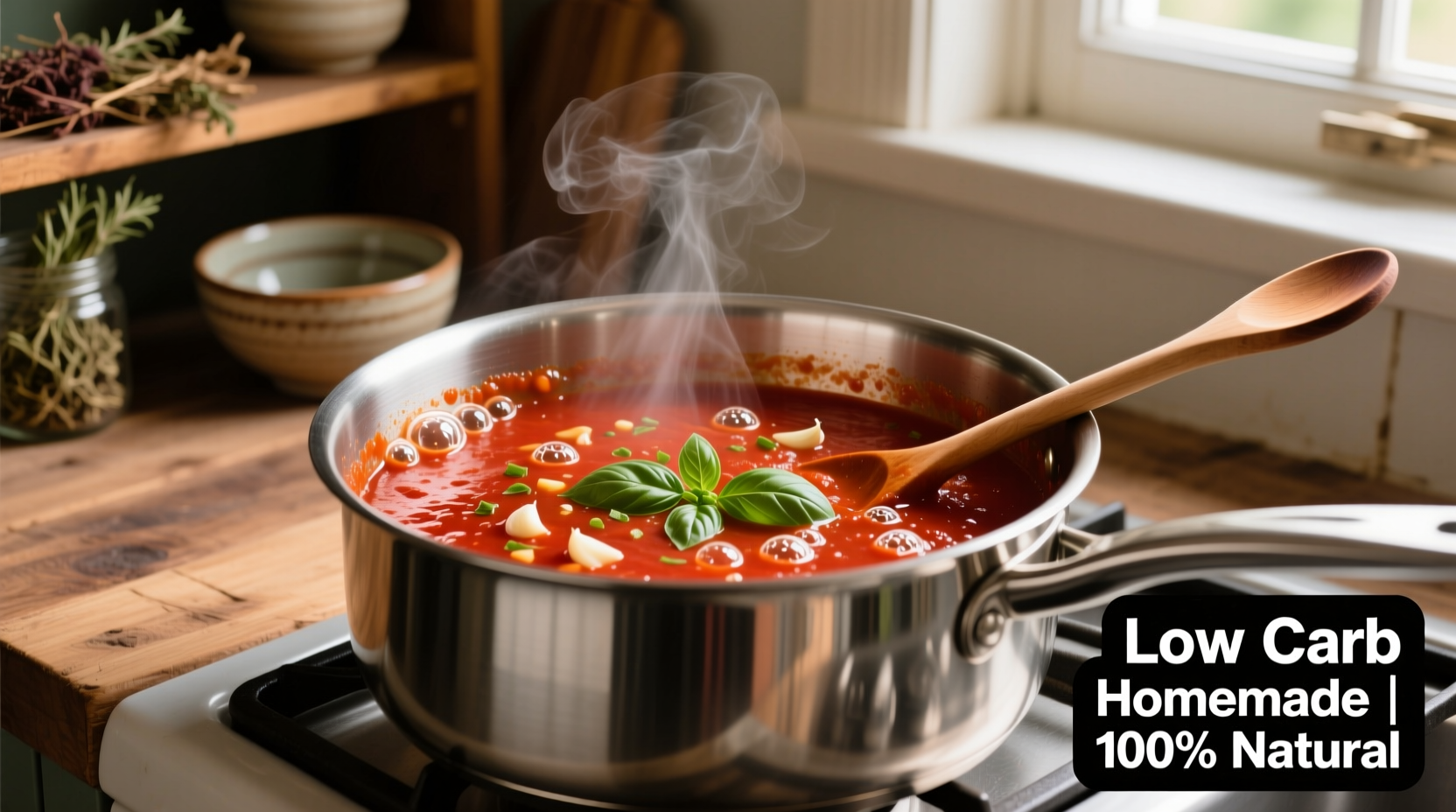 Homemade low carb tomato sauce simmering in stainless steel pot