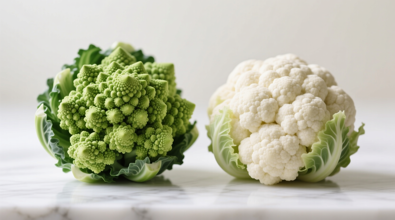 Side-by-side comparison of Romanesco broccoli and cauliflower