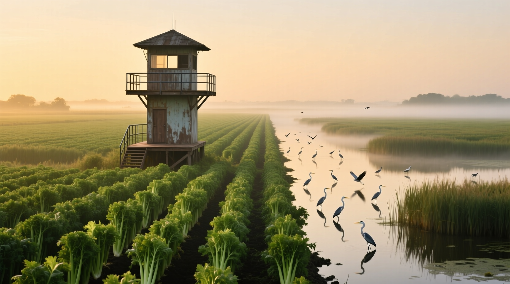 Celery Fields observation tower overlooking wetlands with birds