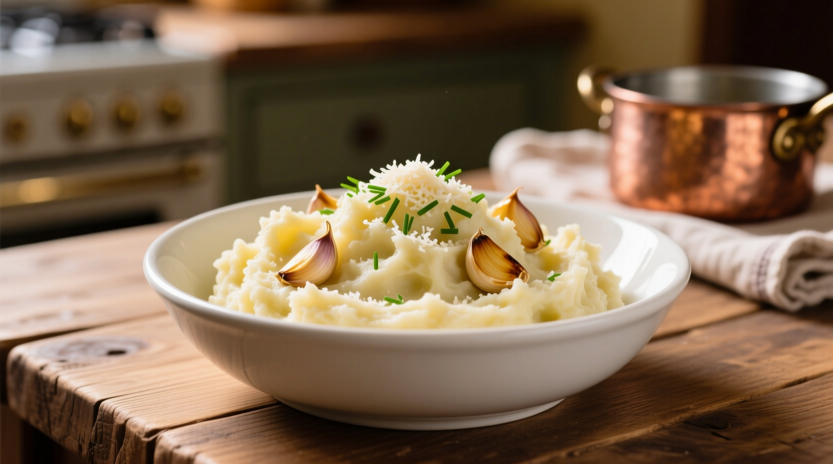 Creamy garlic mashed potatoes in white bowl