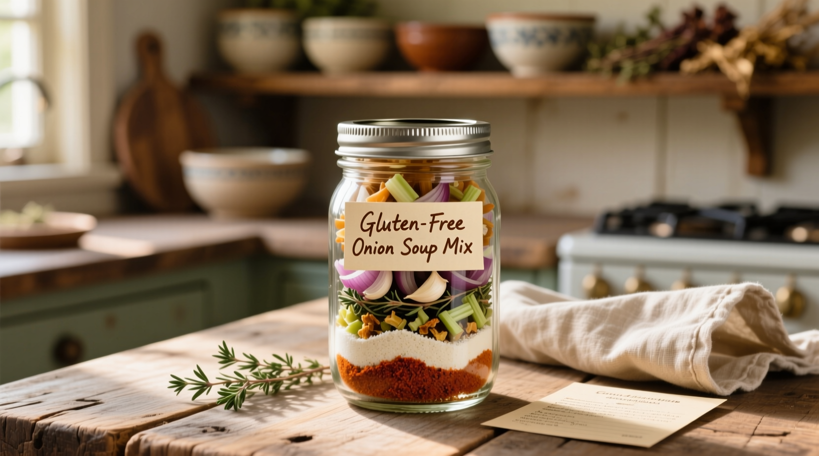 Homemade gluten-free onion soup mix in mason jar