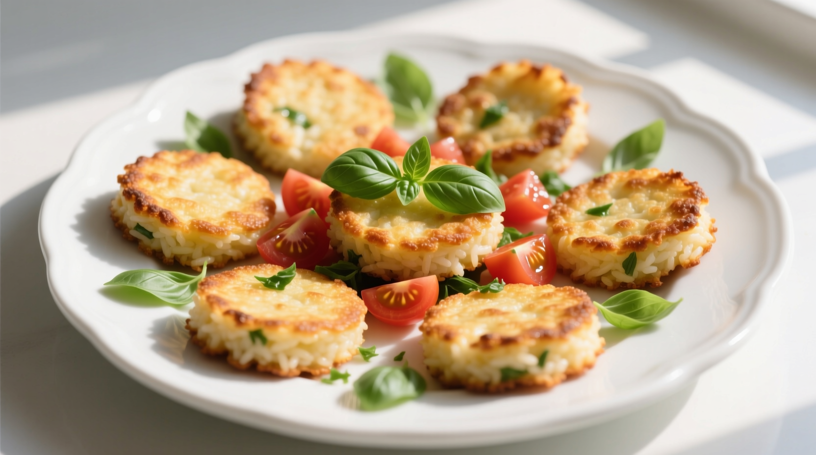 Golden tomato basil rice cakes on white plate