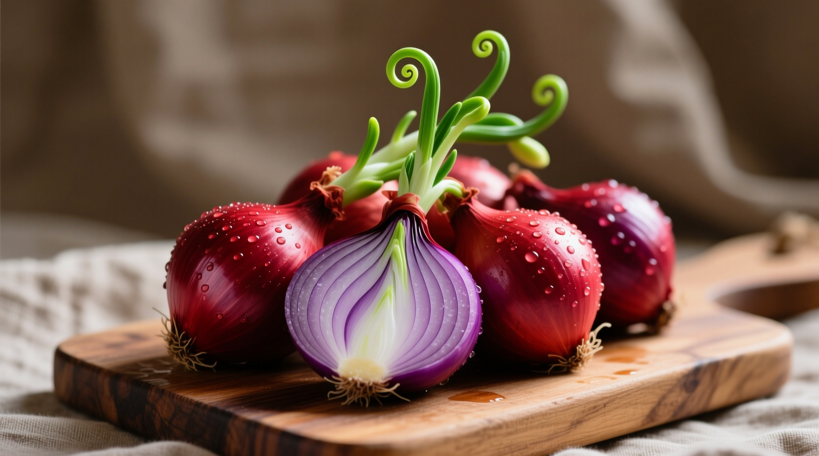Fresh red onions with purple layers and green sprouts