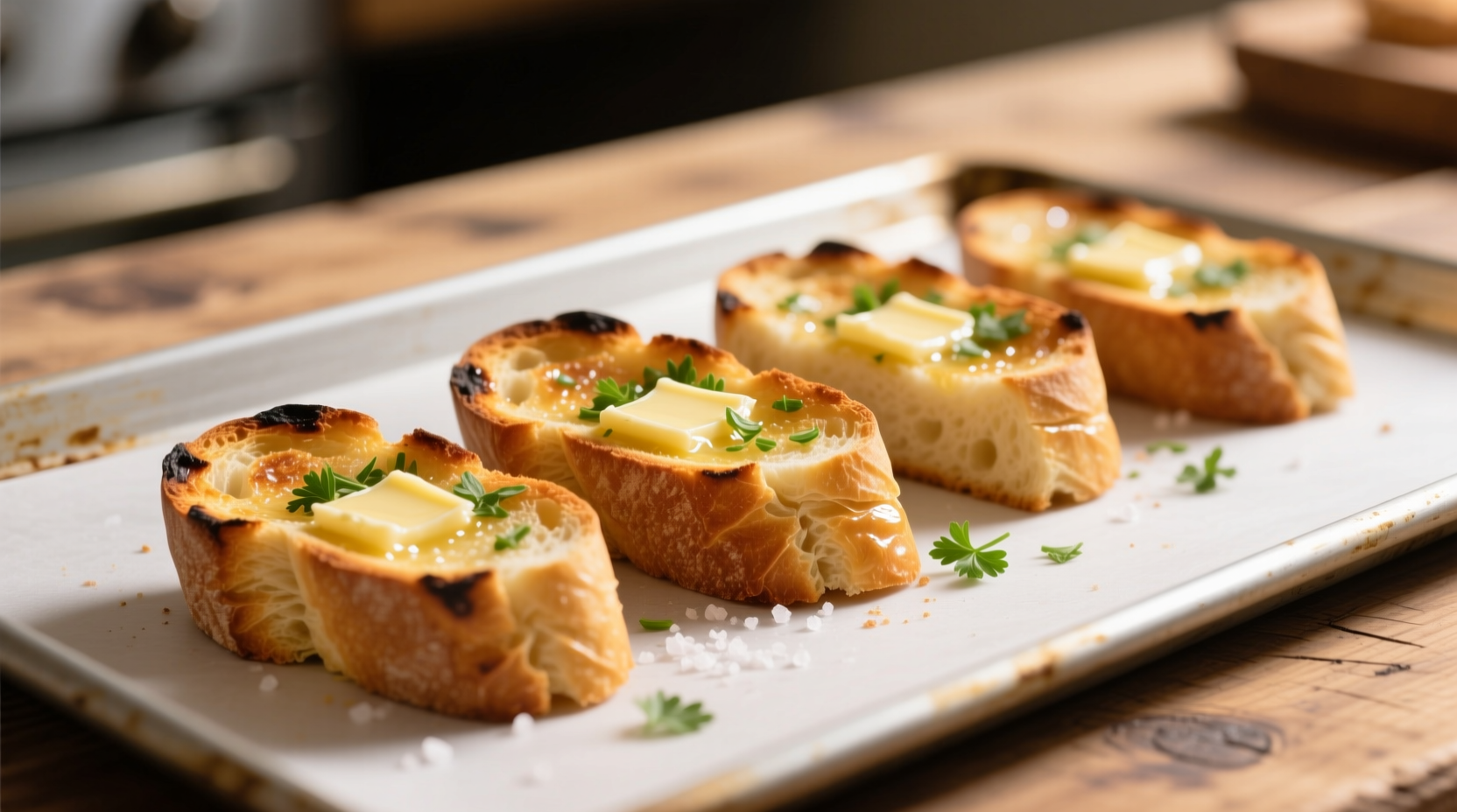 Golden toasted garlic bread on baking sheet