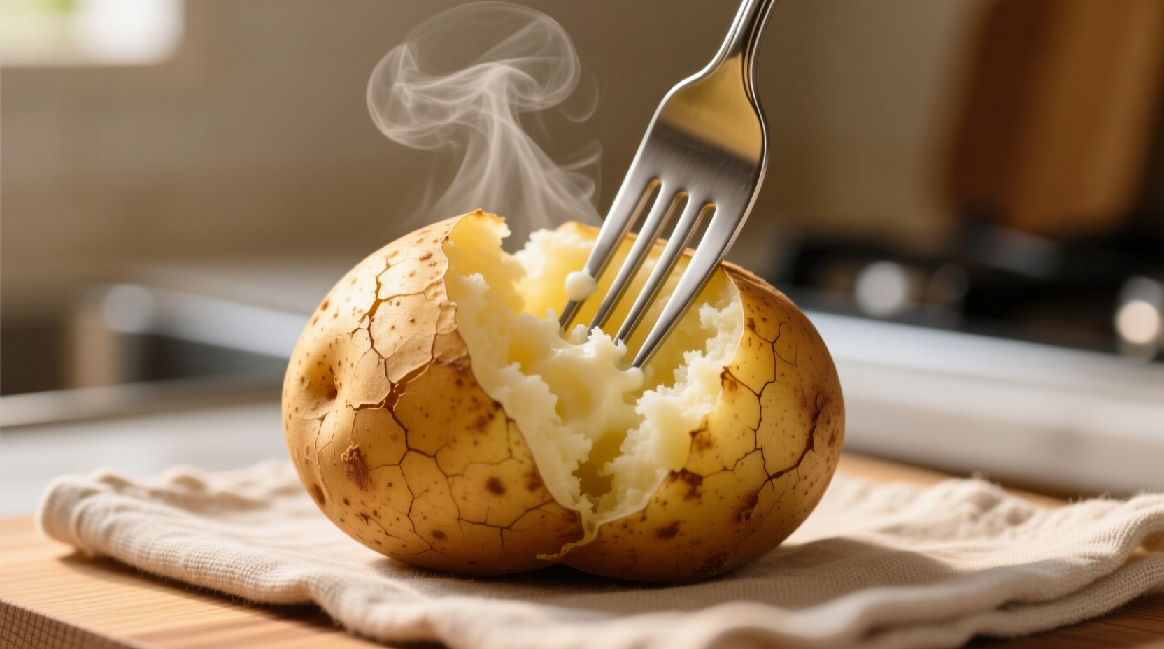 Perfectly cooked microwave potato with fork test