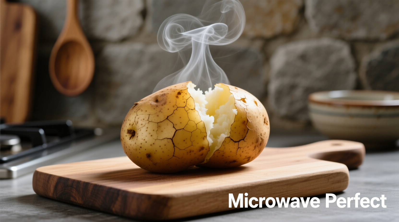 Perfectly cooked microwave potato with steam rising