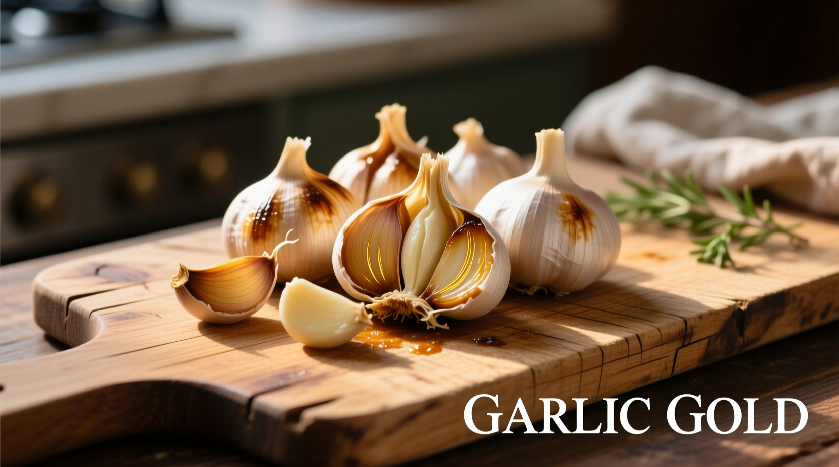 Roasted garlic cloves on wooden cutting board