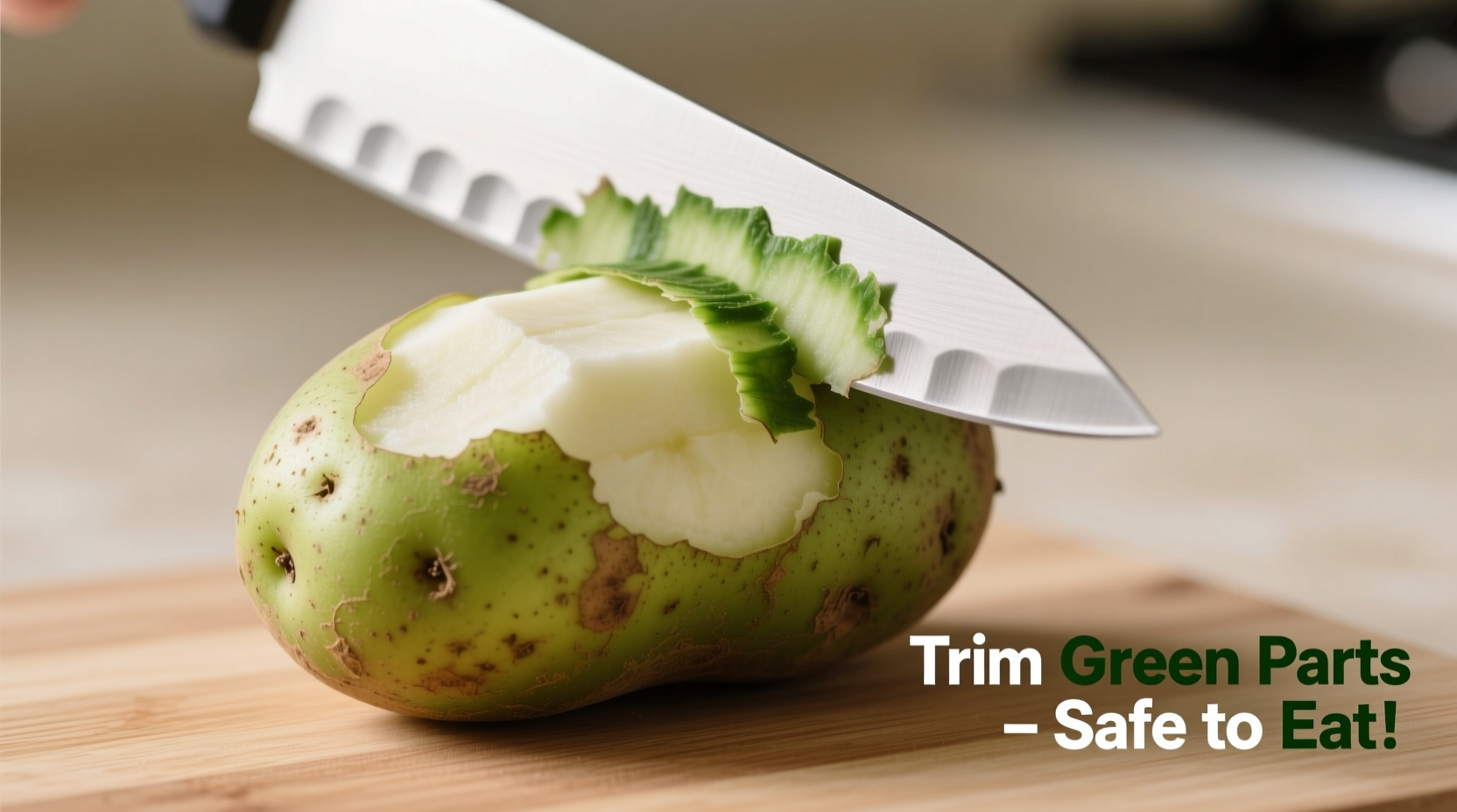 Close-up of slightly green potato with safe trimming demonstration