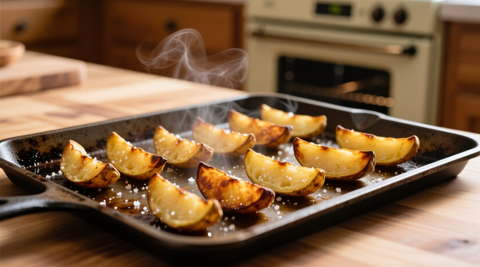 Golden brown potato wedges on baking sheet