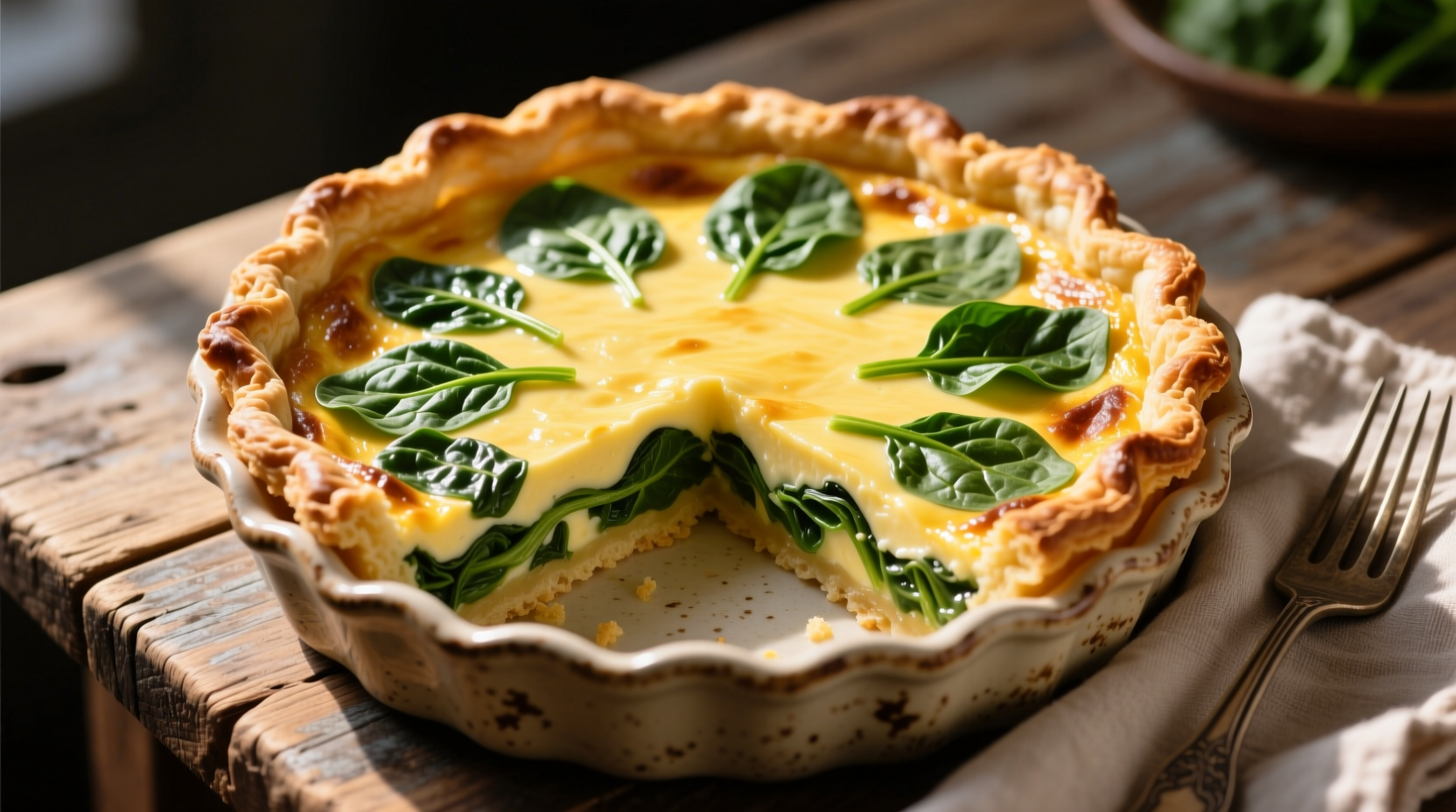 Perfect golden spinach quiche with flaky crust