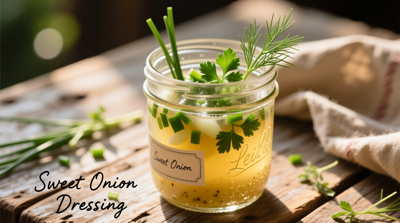 Sweet onion dressing in mason jar with fresh herbs
