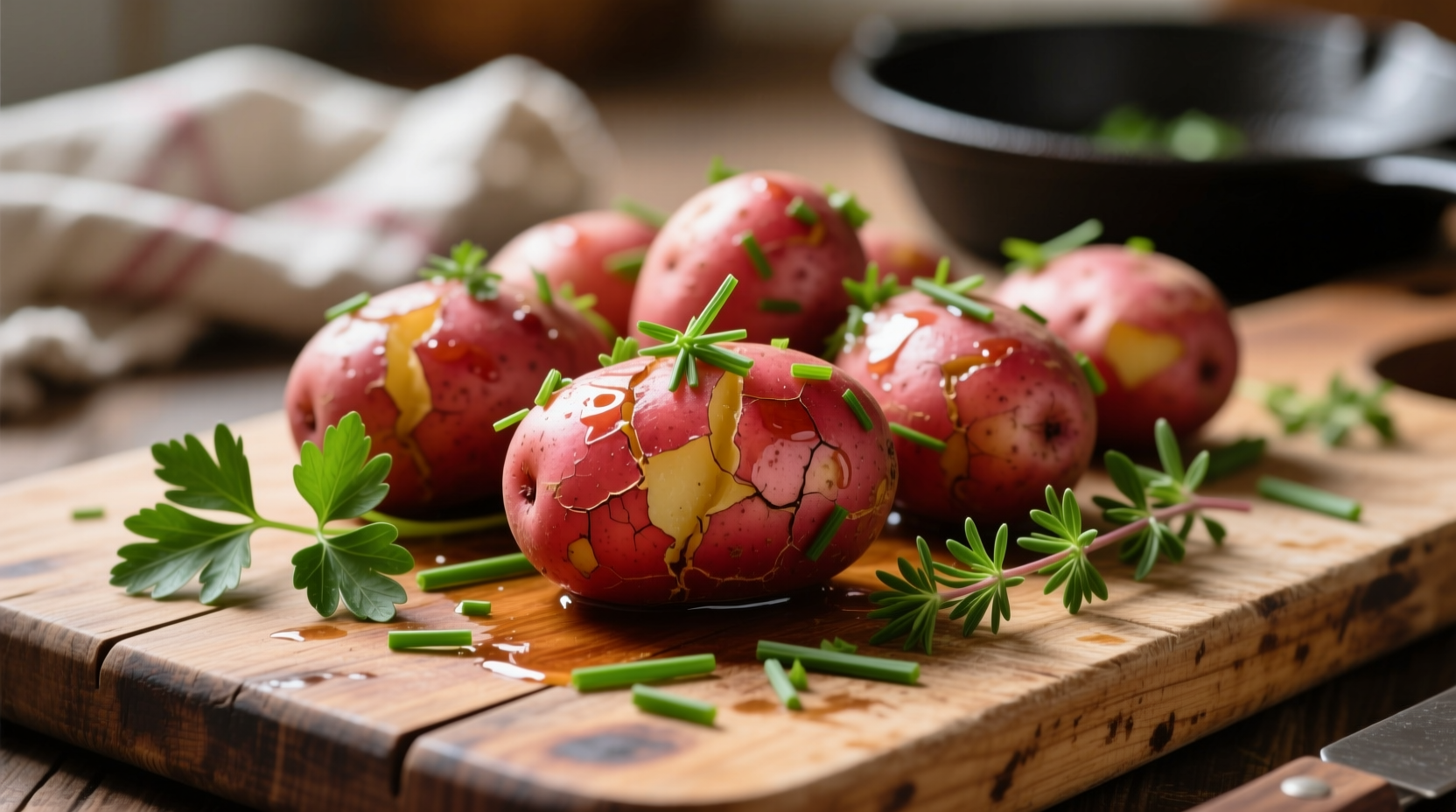 Cooked red potatoes with herbs on wooden board