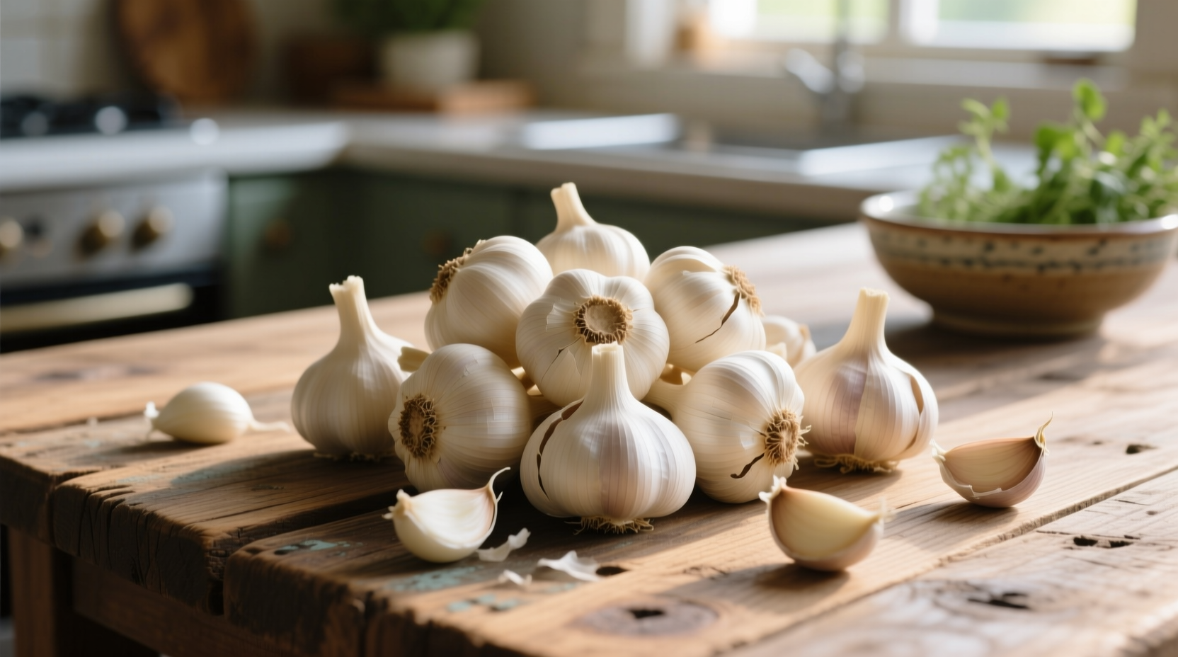 Fresh garlic bulbs arranged on wooden table