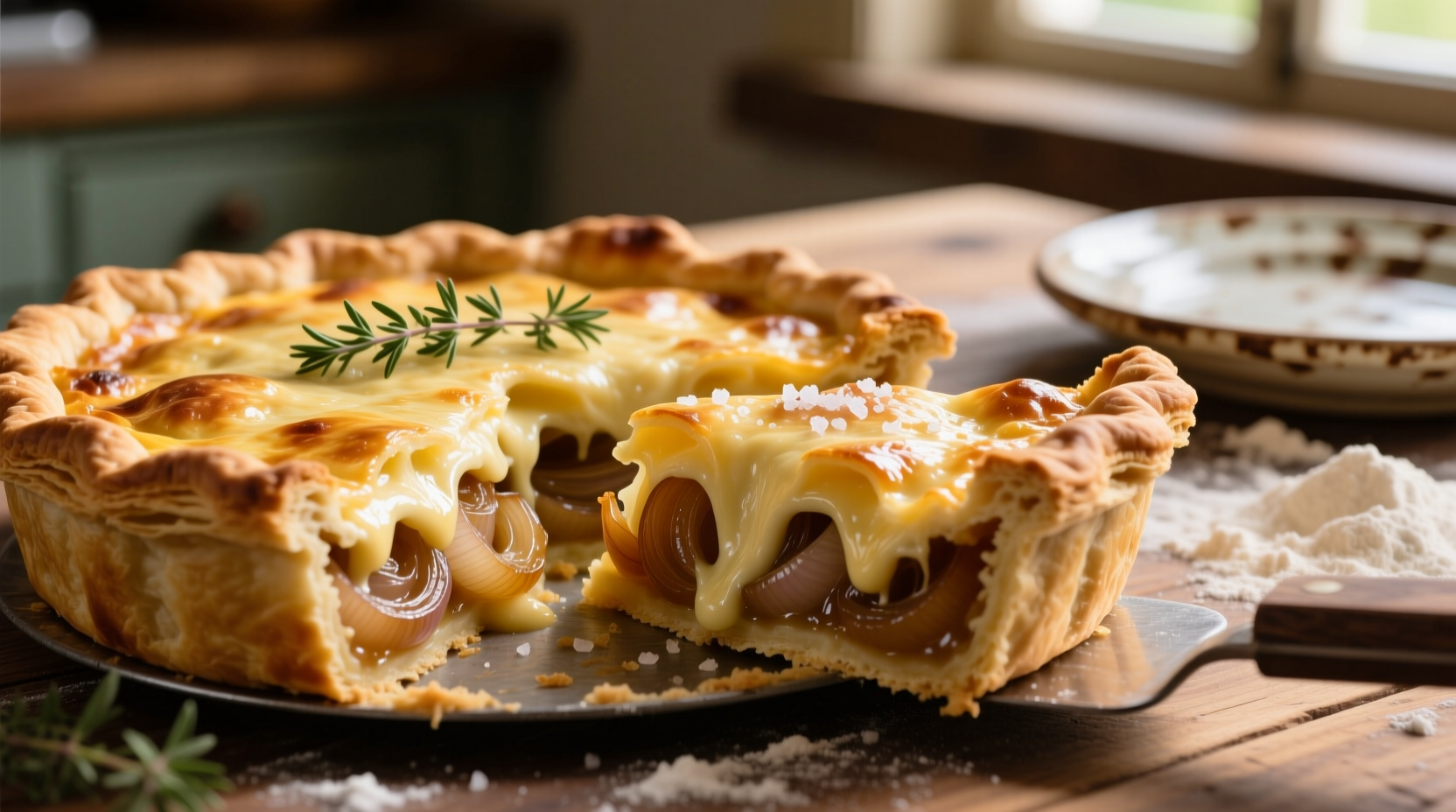 Golden onion pie with flaky crust and melted cheese