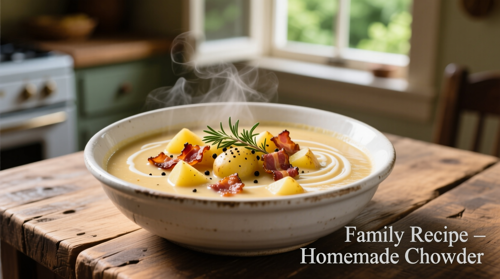 Homemade potato bacon chowder in white bowl