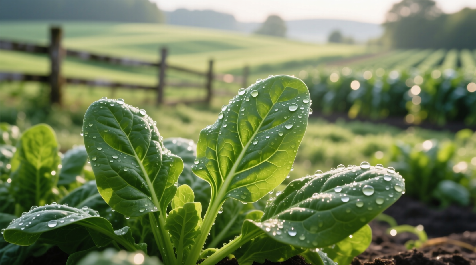 Fresh spinach leaves with dew drops on organic farm
