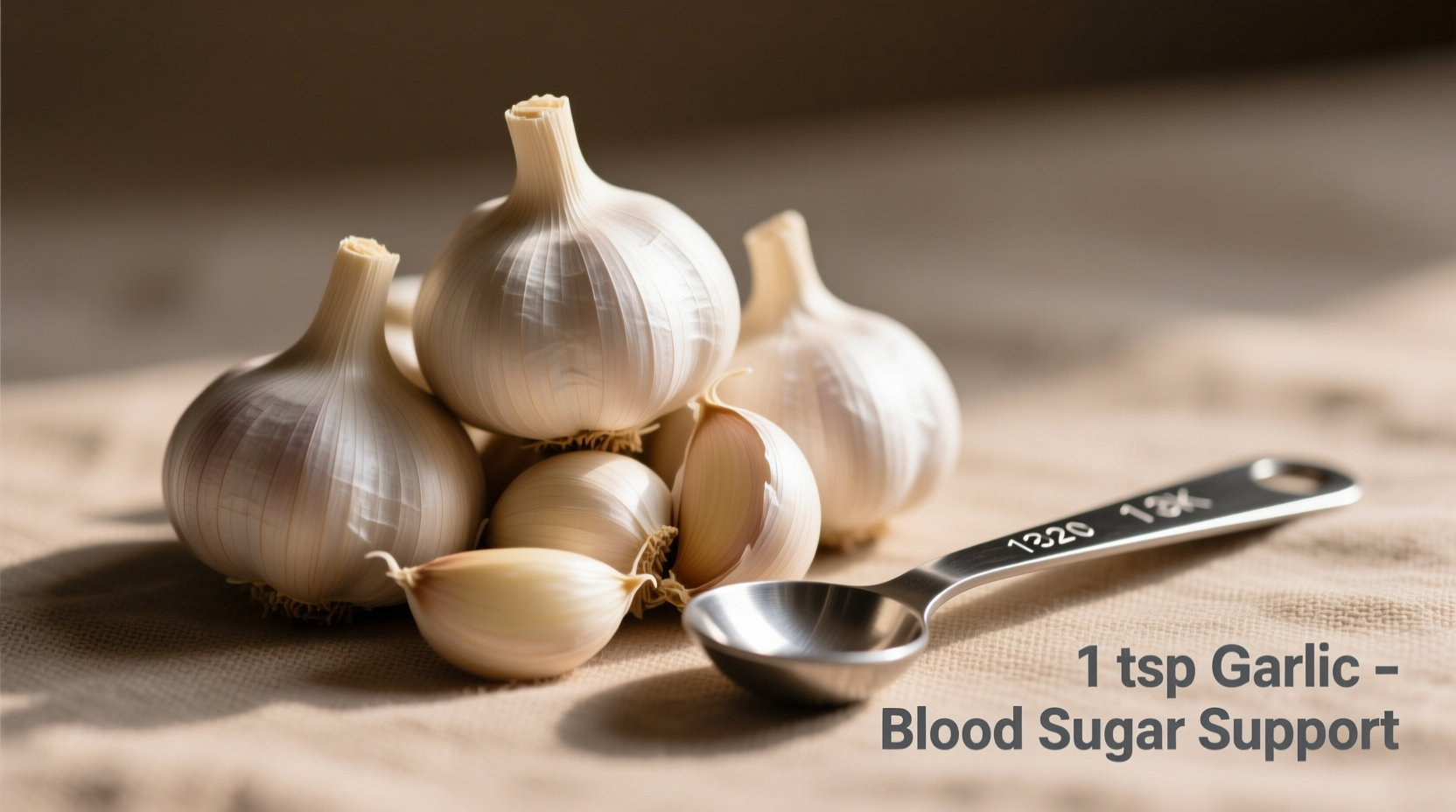 Fresh garlic cloves with measuring spoon for blood sugar management
