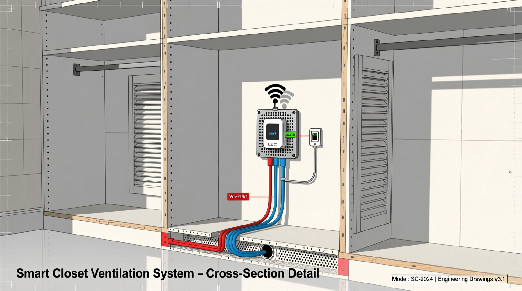 Cross-section diagram of a custom closet showing smart hub mounted on perforated metal bracket, cables routed through grommeted baseboard hole, and dual louvered vents aligned vertically on side walls for natural convection airflow