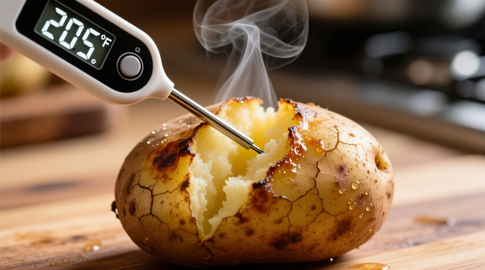 Instant-read thermometer measuring baked potato temperature