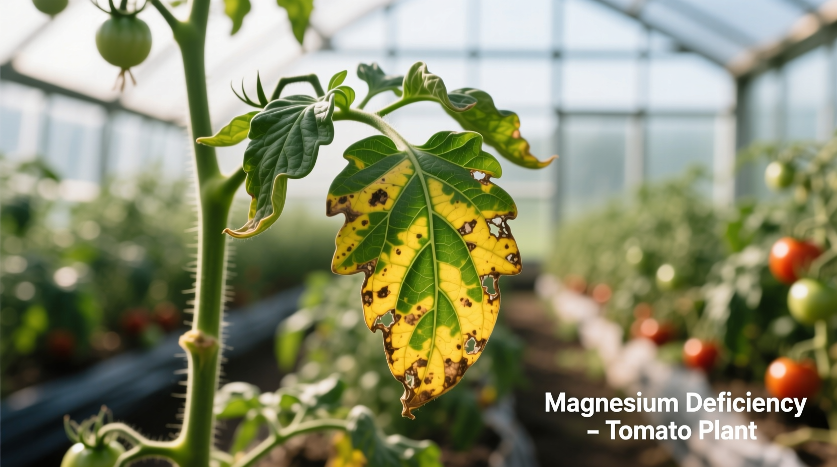 Tomato plant showing magnesium deficiency symptoms