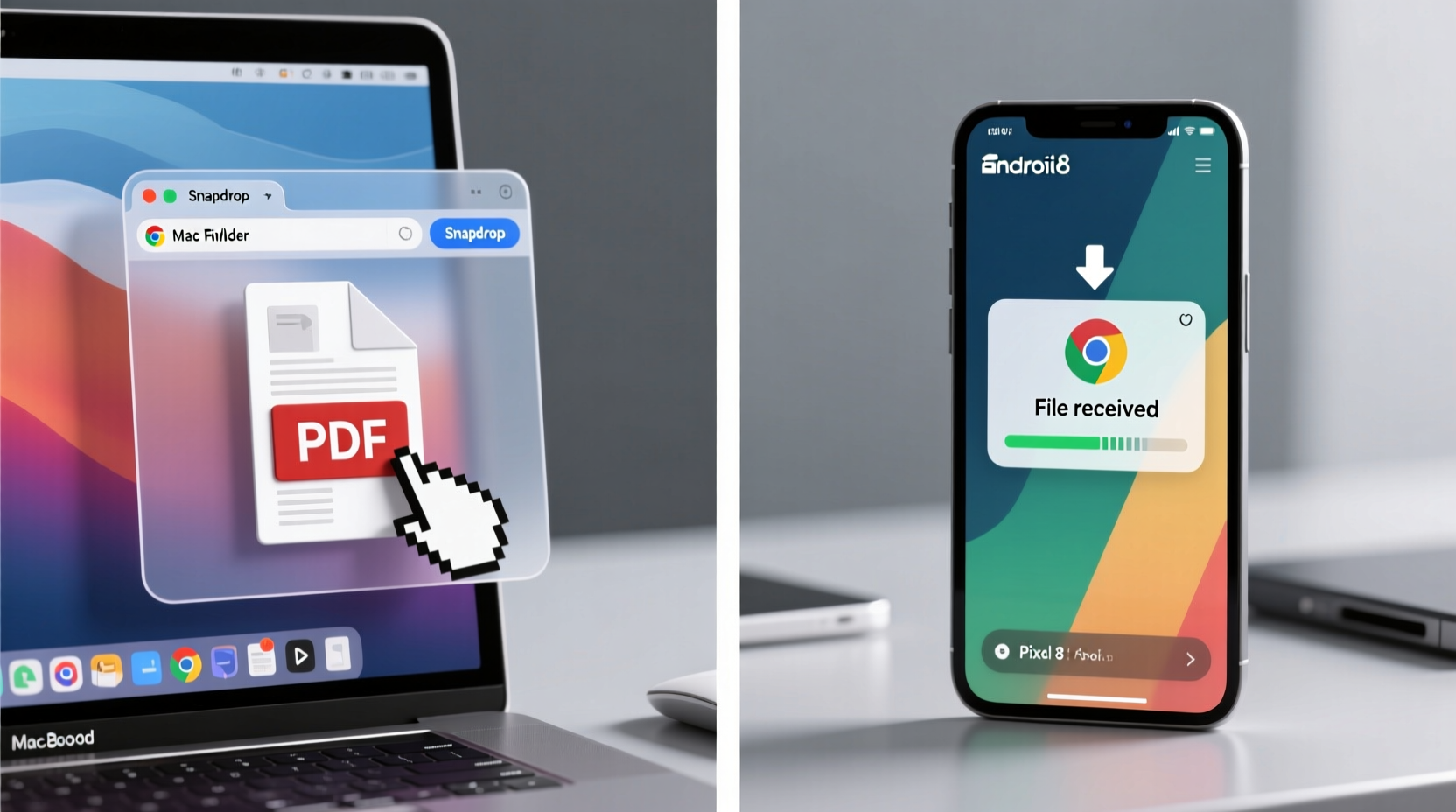 Side-by-side visual: Left panel shows Mac Finder window dragging a PDF onto Snapdrop browser tab; right panel shows Android Chrome displaying 'File received' notification with download icon active