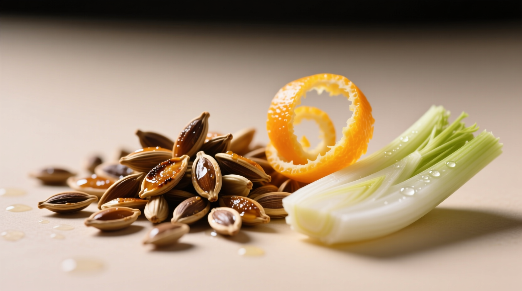 Close-up of toasted fennel seeds next to fresh orange zest and fennel bulb, showing complementary textures