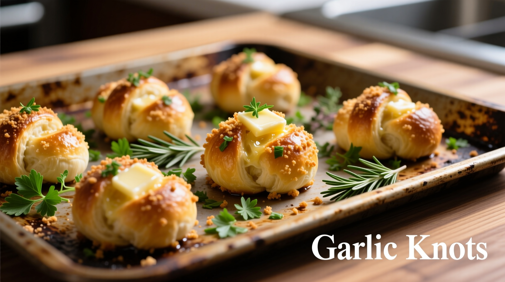 Golden garlic knots on baking sheet with herbs