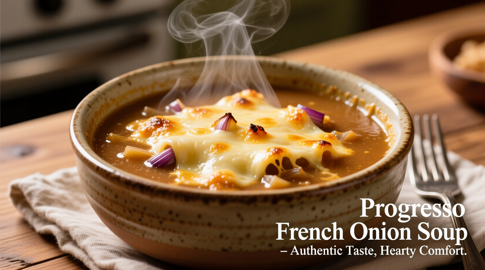 Bowl of steaming Progresso French Onion Soup topped with melted cheese