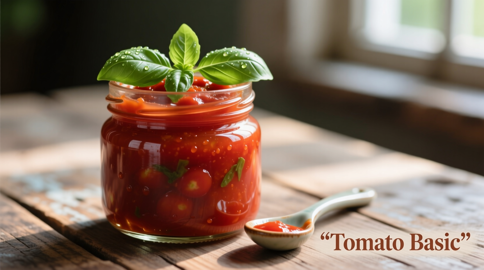 Canned tomato sauce with fresh basil garnish