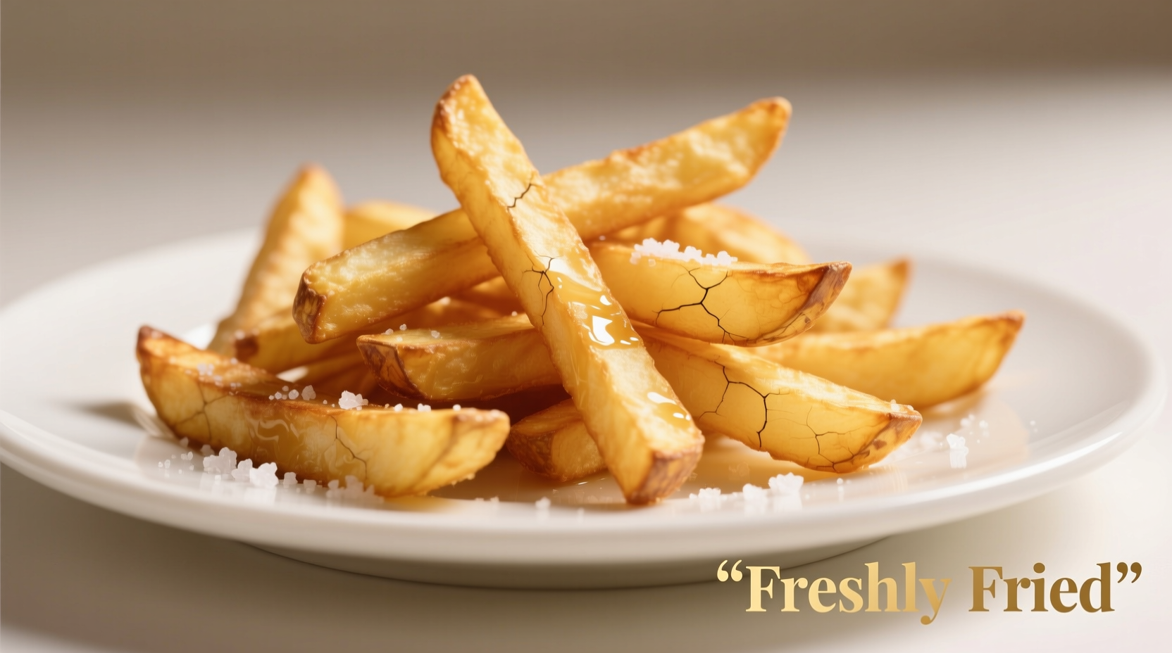 Freshly fried golden potato strips on white plate
