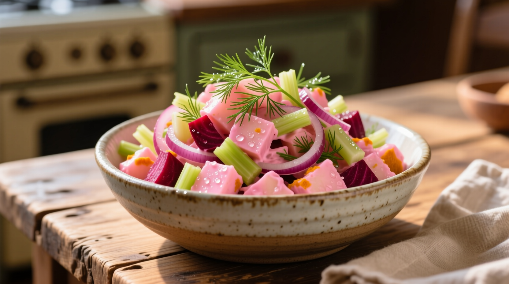 Vibrant pink potato salad in a ceramic bowl with fresh dill garnish