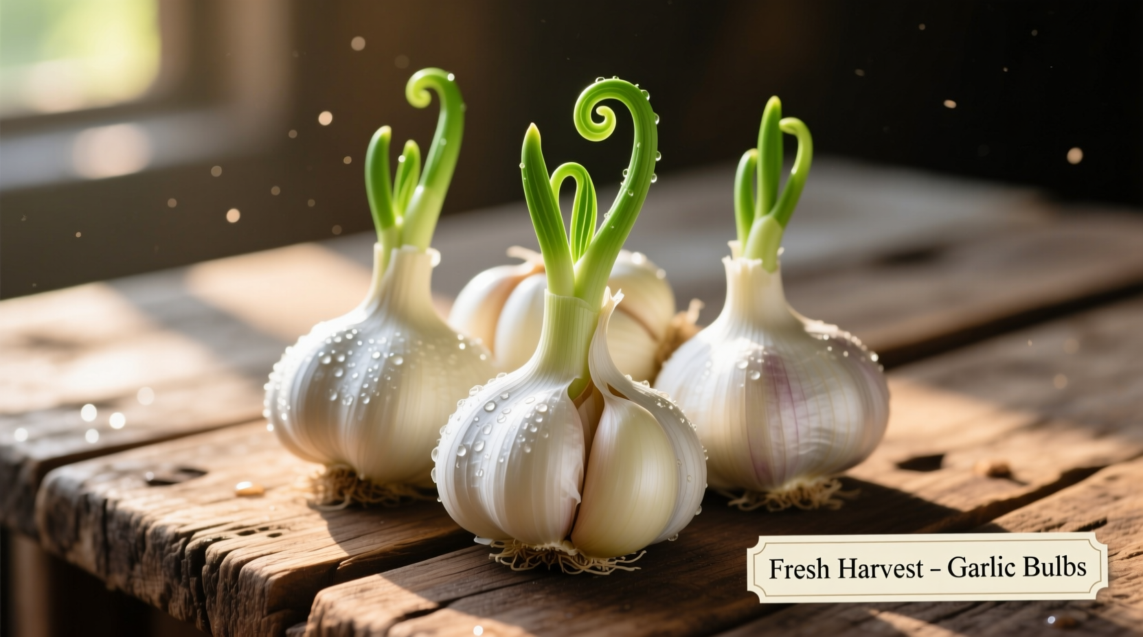 Fresh garlic bulbs with green shoots on wooden table