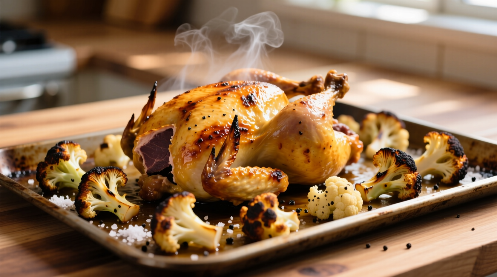 Golden roasted chicken and cauliflower on sheet pan