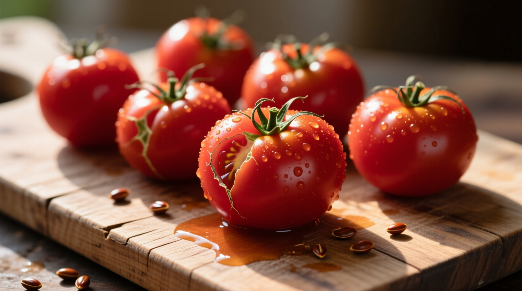Fresh San Marzano tomatoes on wooden cutting board