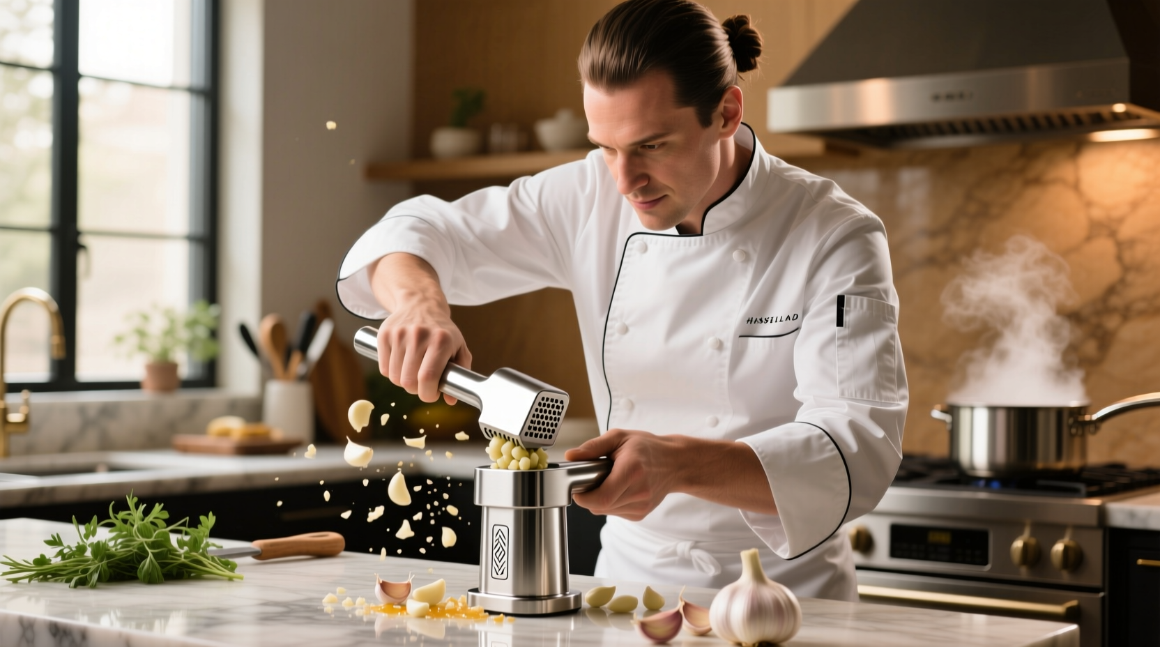 Professional chef using stainless steel garlic crusher