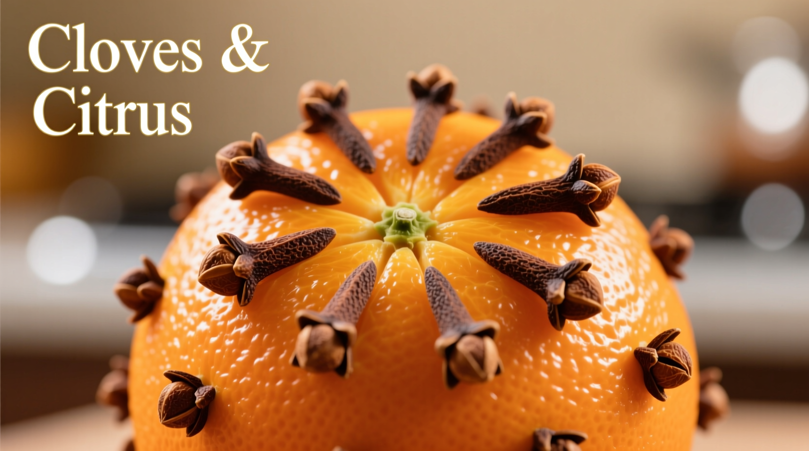 Close-up of an orange studded with whole cloves