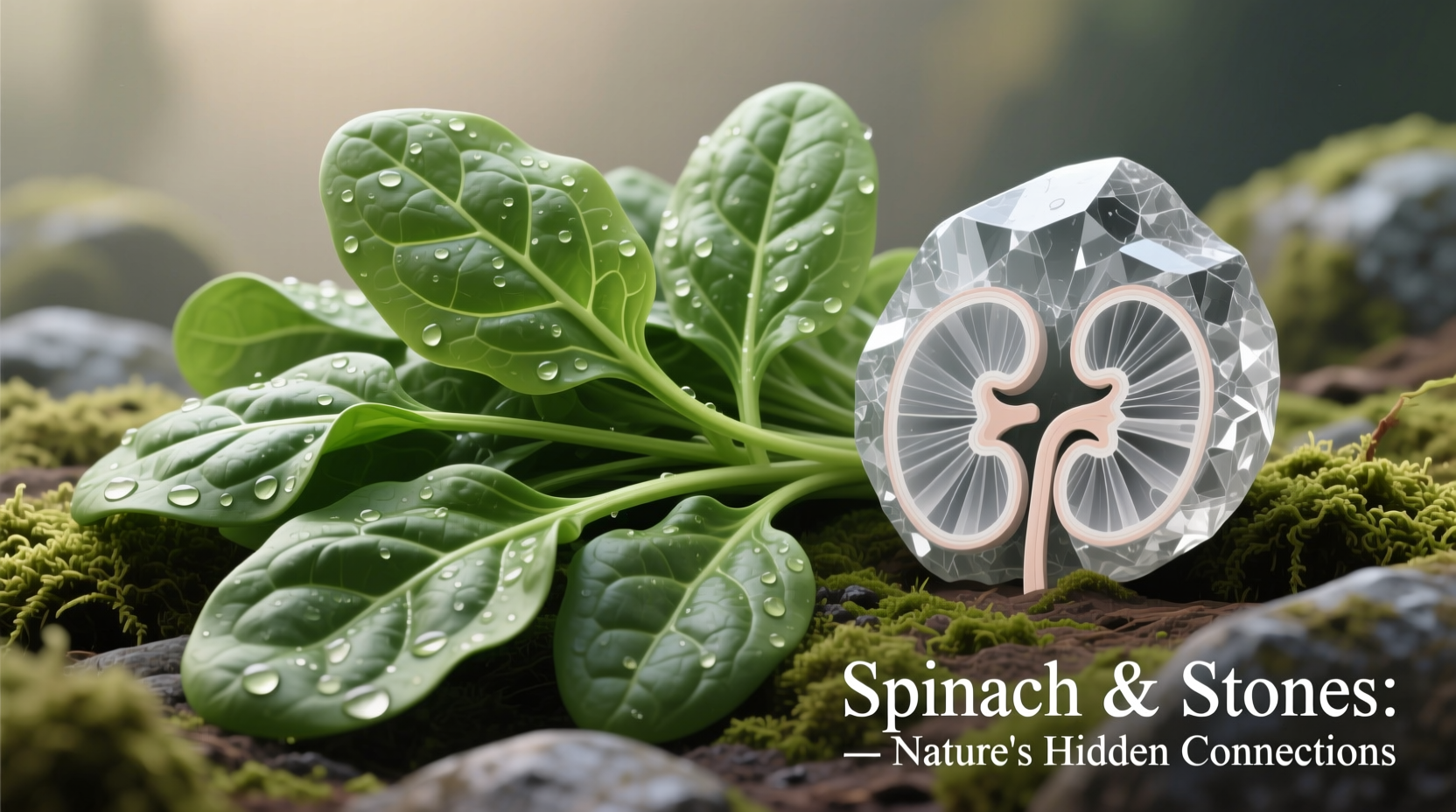 Spinach leaves next to kidney stone illustration