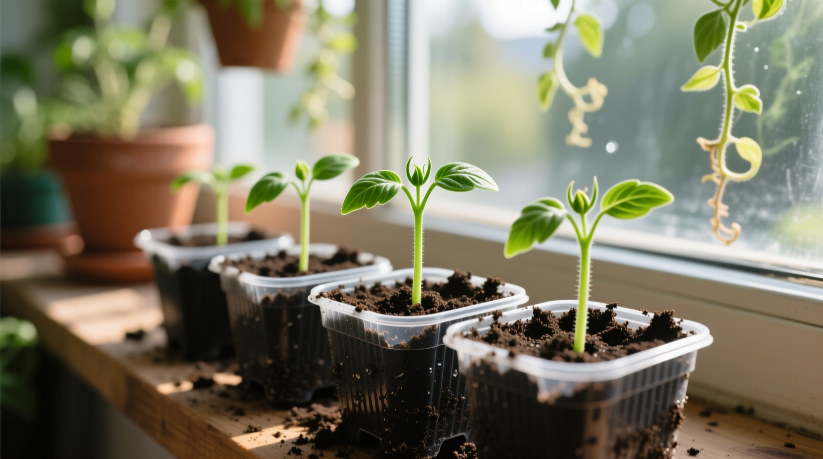 Tomato seedlings emerging from soil in starter pots