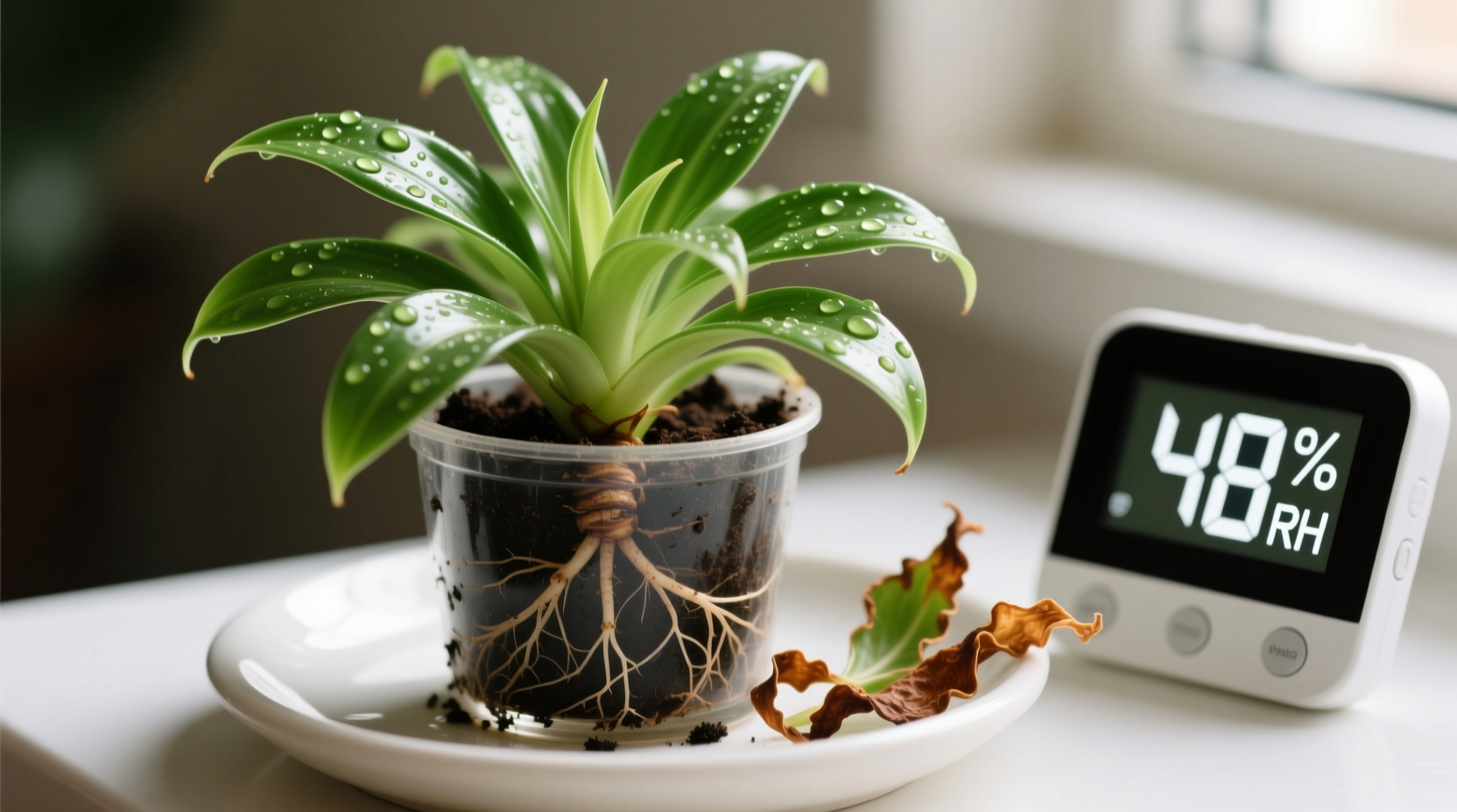 Close-up photo showing a spider plant with partially revived, glossy new growth emerging beside trimmed, crispy leaf tips—root ball visibly damp but not soggy, placed on a white ceramic saucer beside a digital hygrometer reading 48% RH