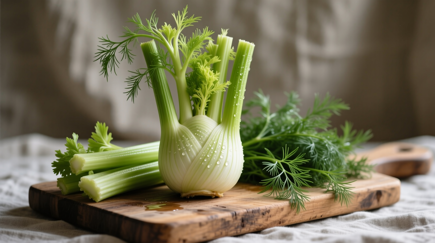 Fresh fennel bulb with fronds next to celery and dill