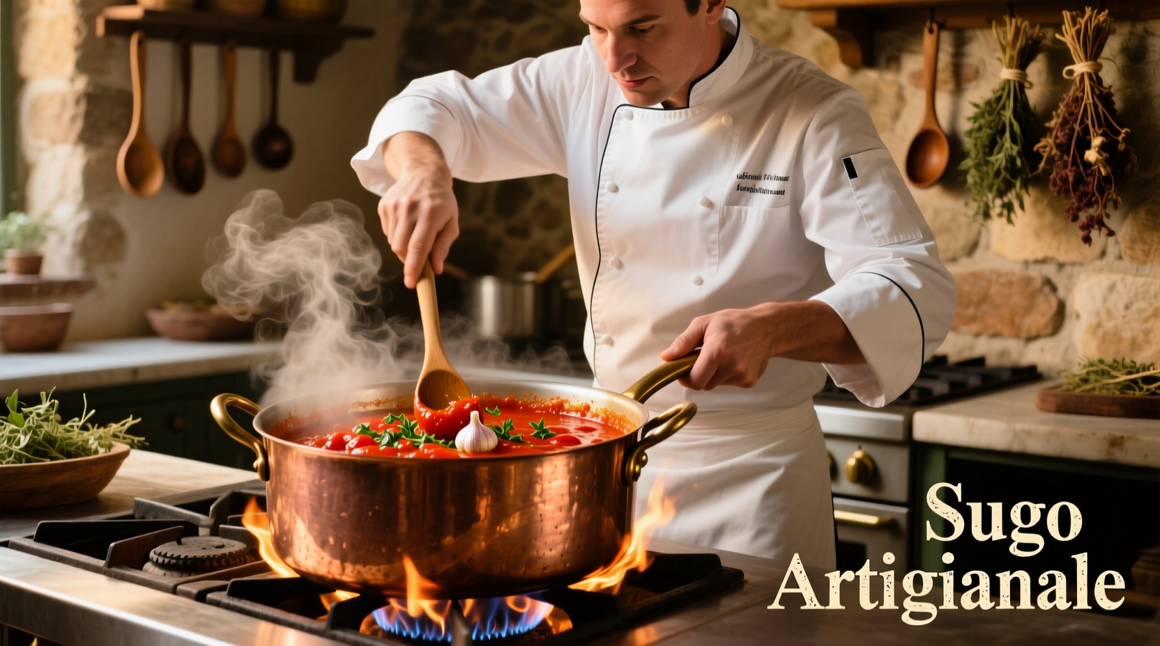 Chef stirring thick tomato sauce in copper pot