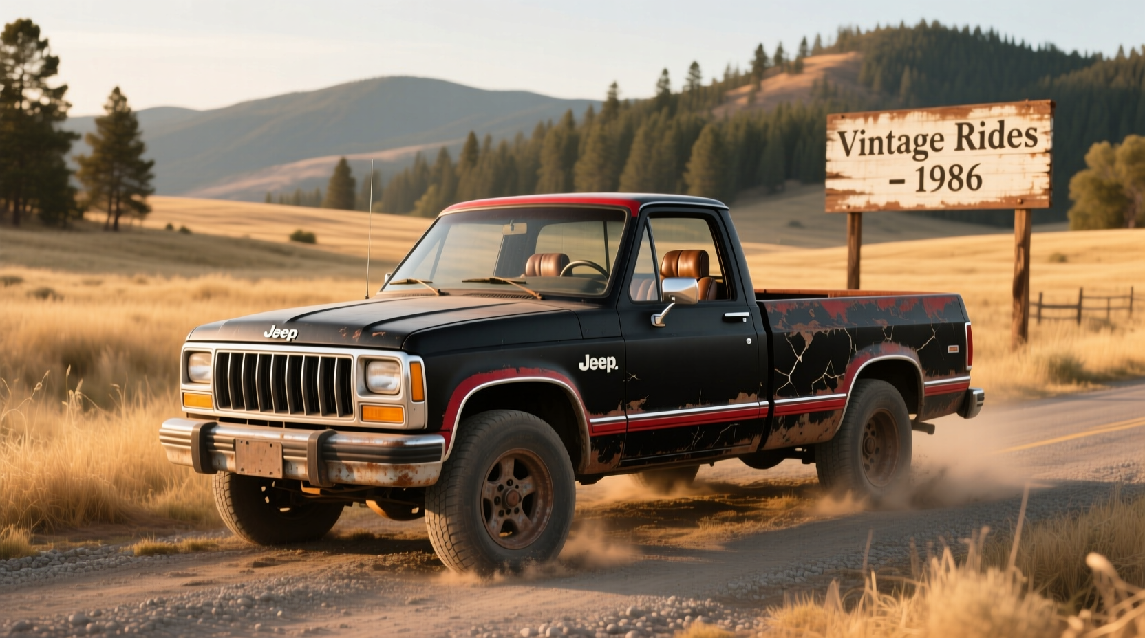 1986 Jeep Comanche pickup truck in desert tan on gravel road