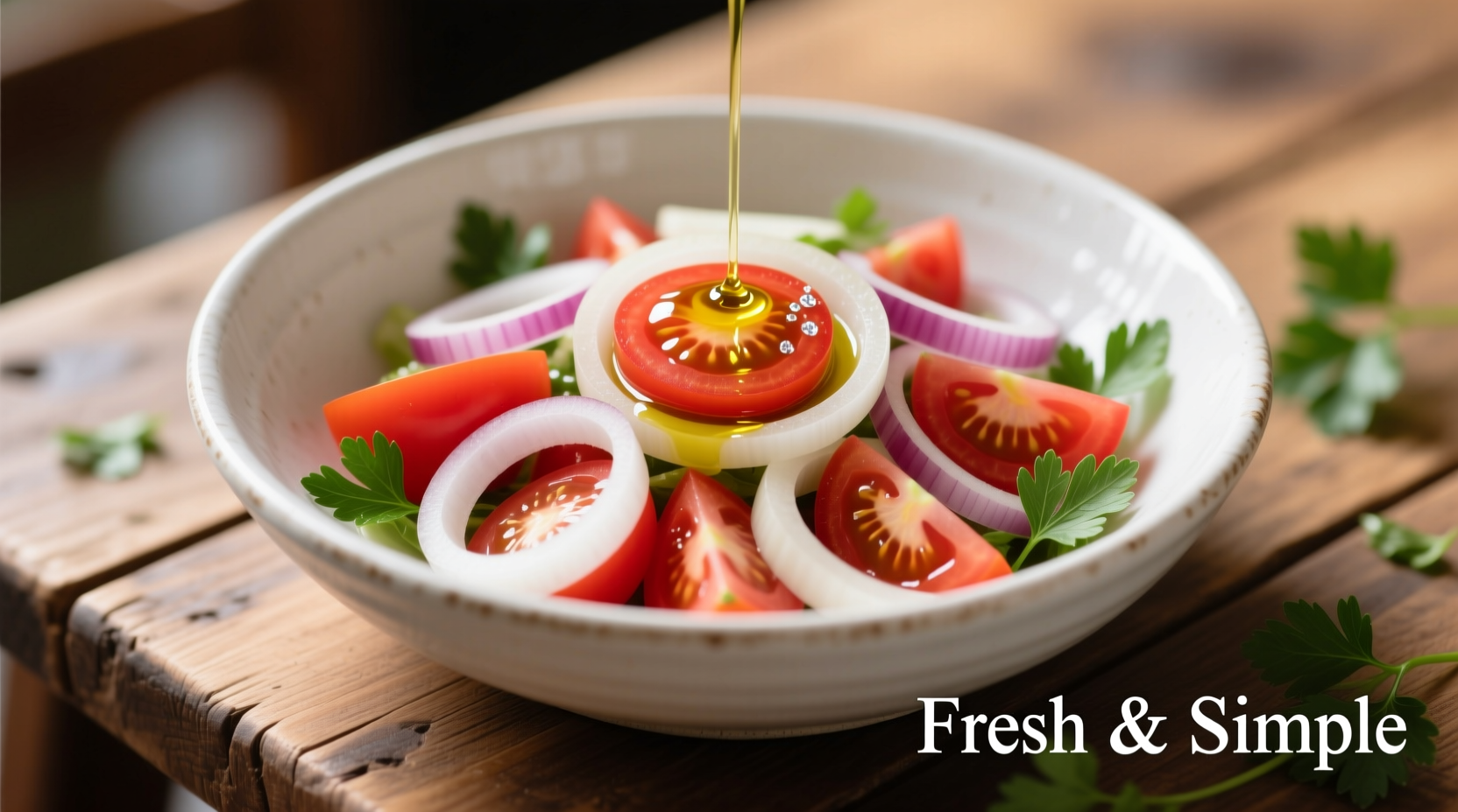 Fresh tomato onion salad in white ceramic bowl