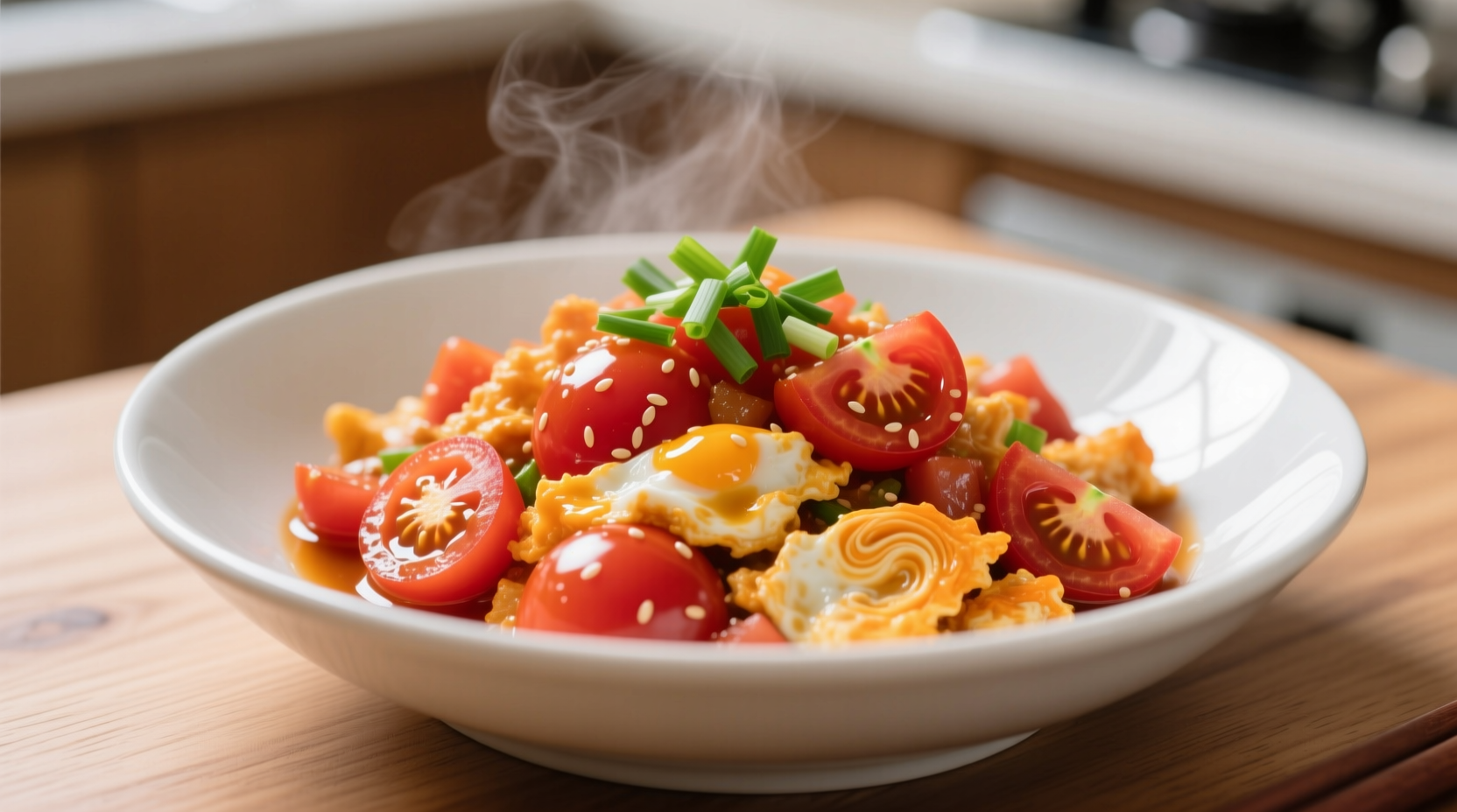Authentic Chinese tomato and egg stir-fry in white bowl