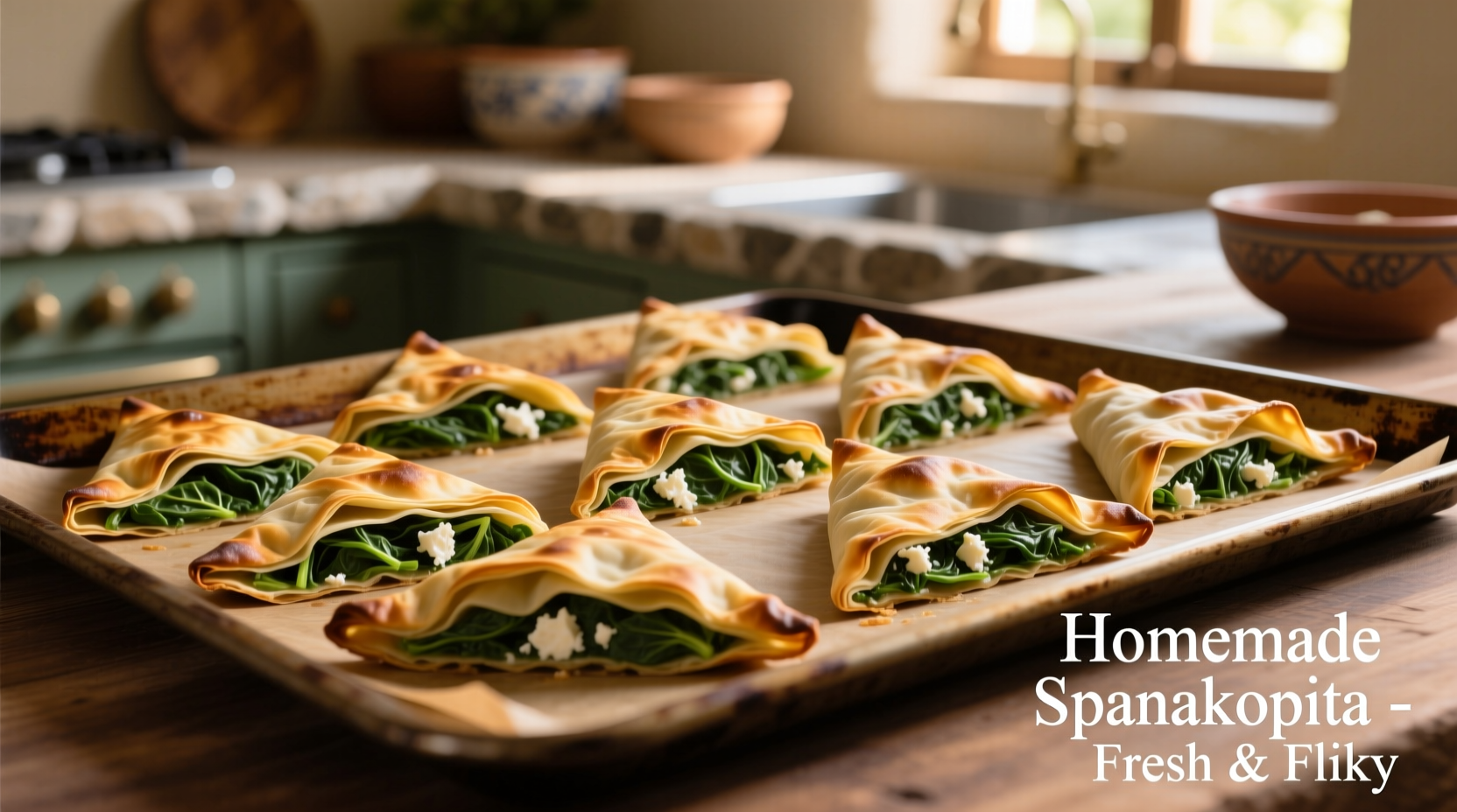 Golden brown spinach spanakopita triangles on baking sheet
