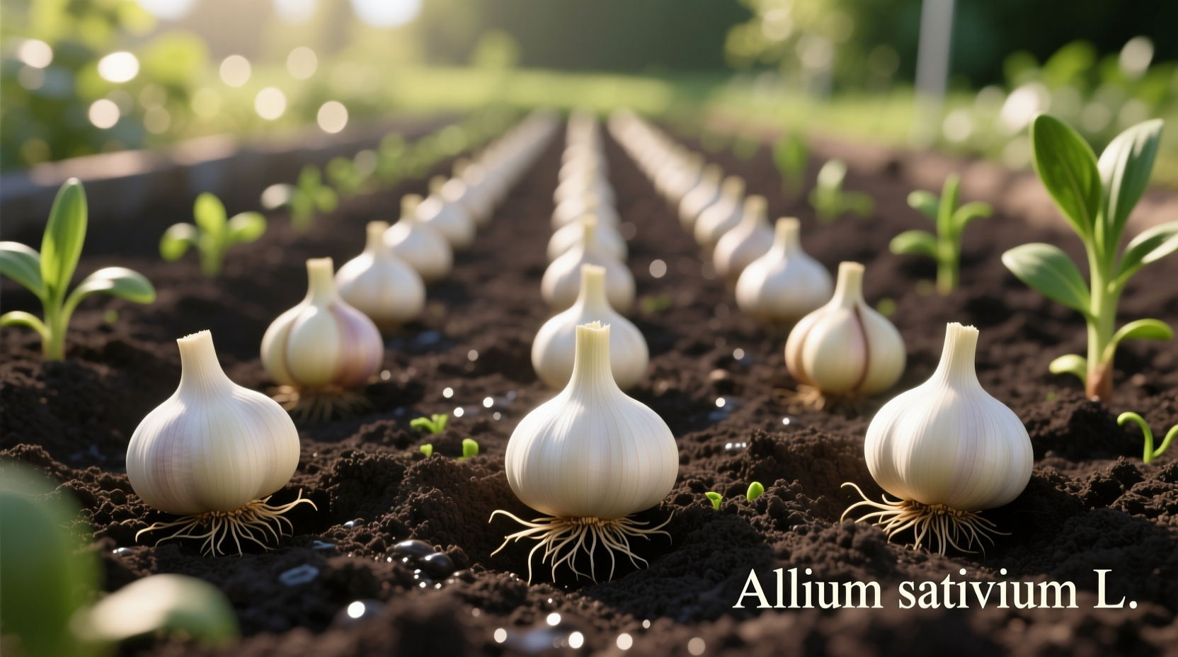 Garlic cloves planted in garden soil with proper spacing