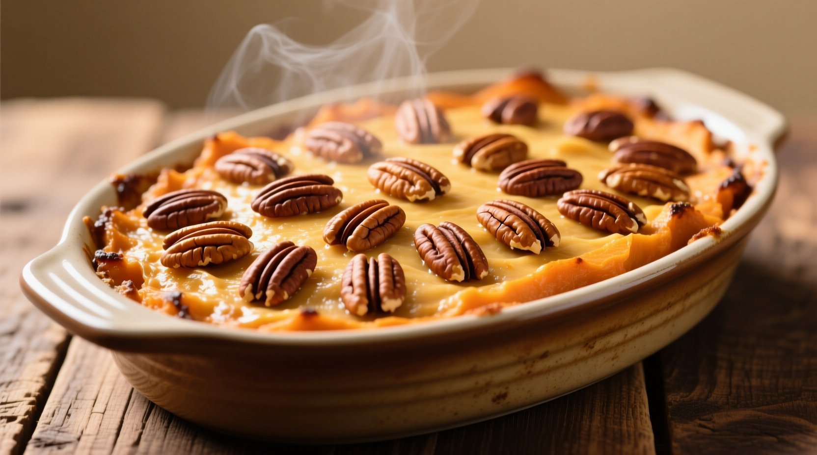 Golden pecan topping on sweet potato casserole