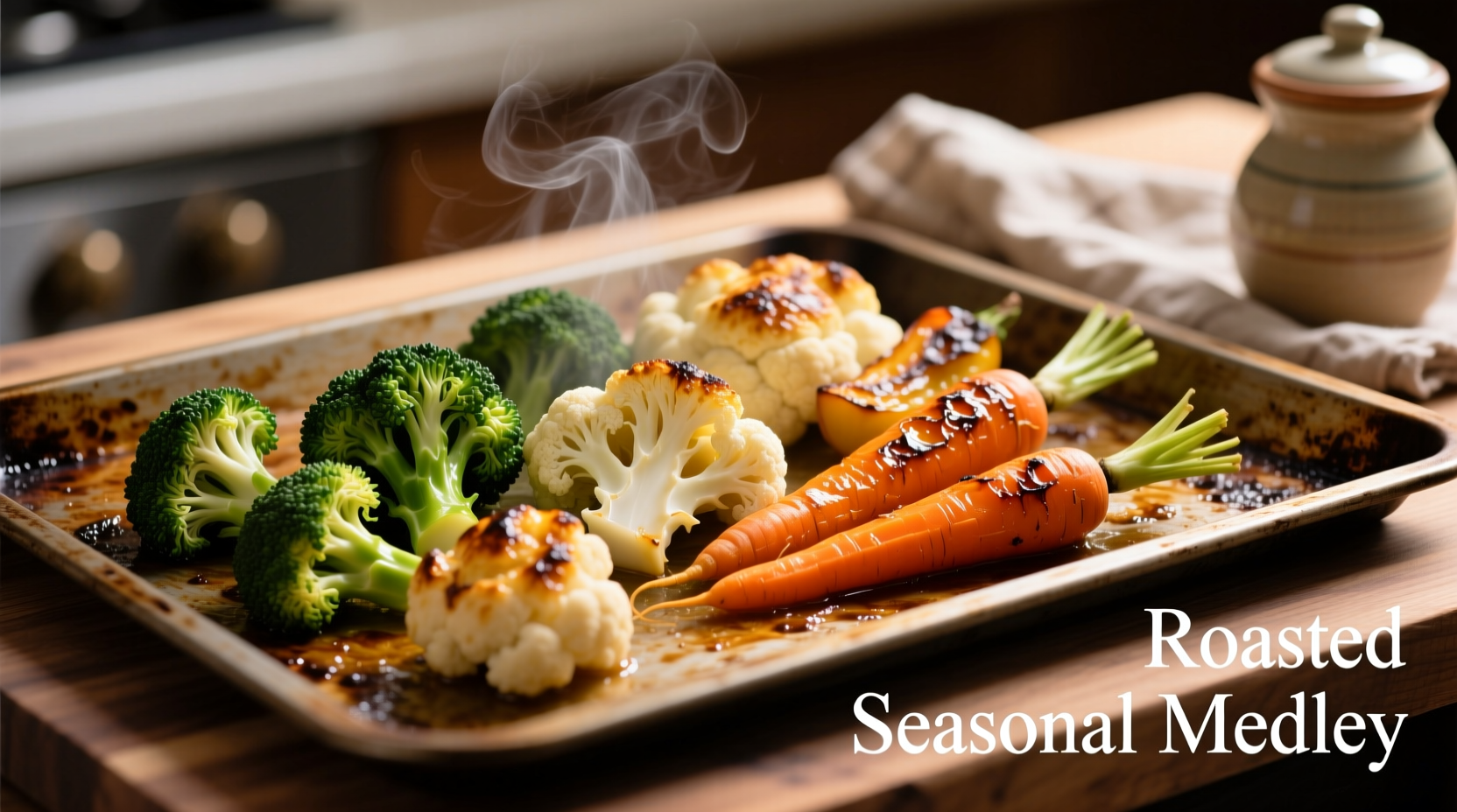 Perfectly roasted broccoli cauliflower carrot medley on baking sheet