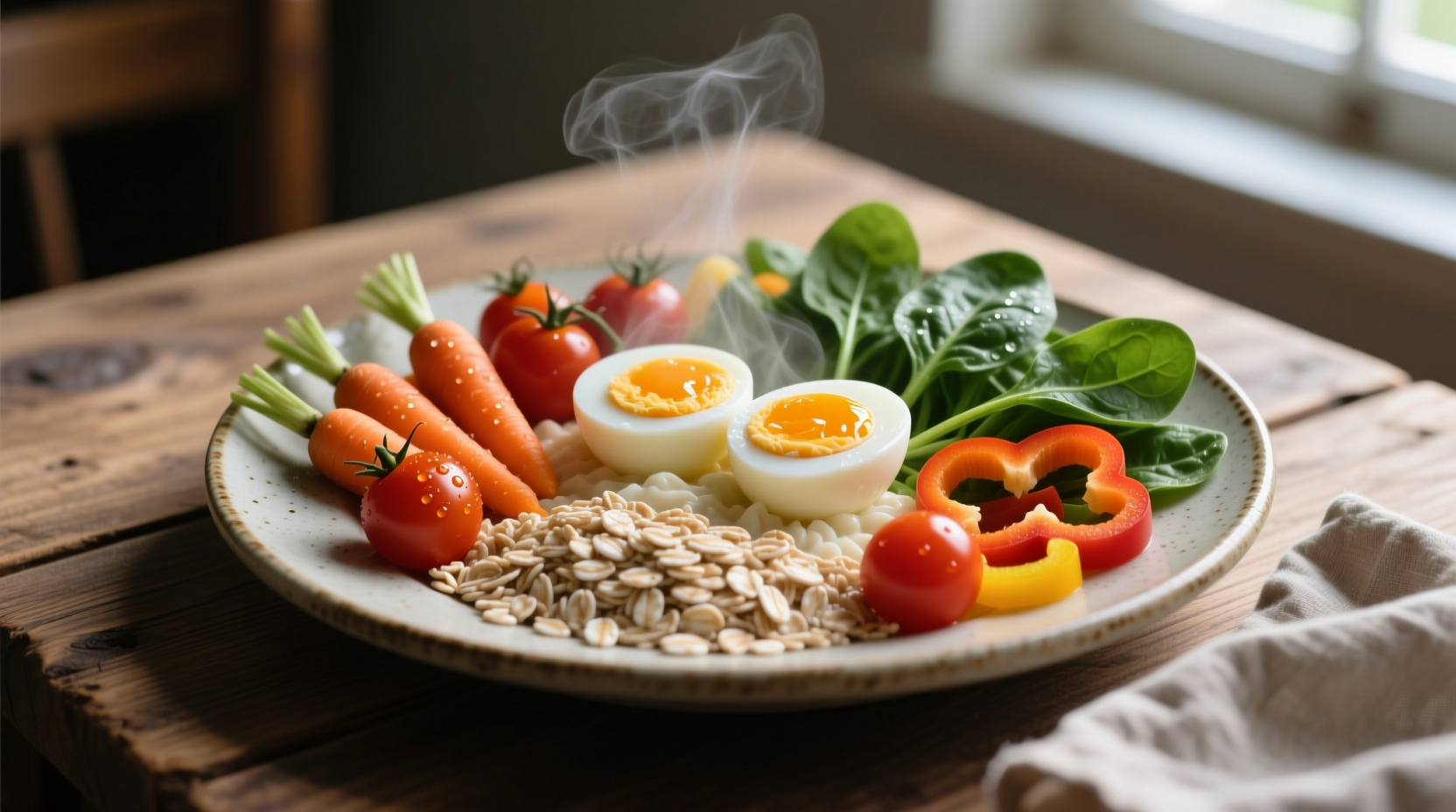 Plate with boiled eggs, oats, and vegetables